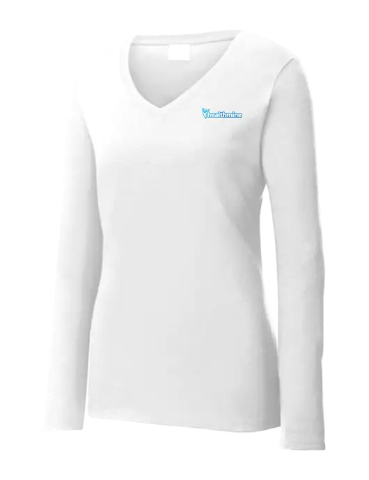 Womens  V-Neck Ring Spun White 4.5 oz Long Sleeve T-Shirt w/Healthmine Logo