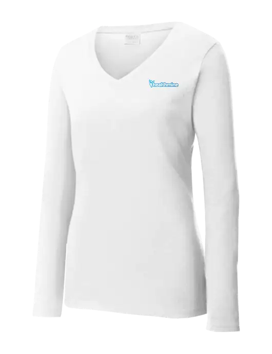 Womens  V-Neck Ring Spun White 4.5 oz Long Sleeve T-Shirt w/Healthmine Logo