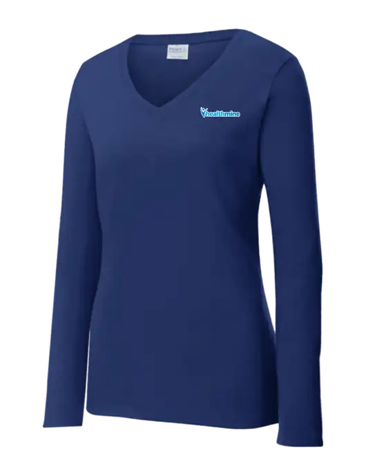 Womens  V-Neck Ring Spun Navy 4.5 oz Long Sleeve T-Shirt w/Healthmine Logo