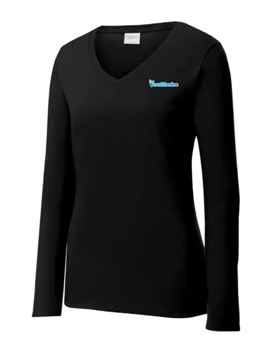 Womens V-Neck Ring Spun Jet Black 4.5 oz Long Sleeve T-Shirt w/Healthmine Logo