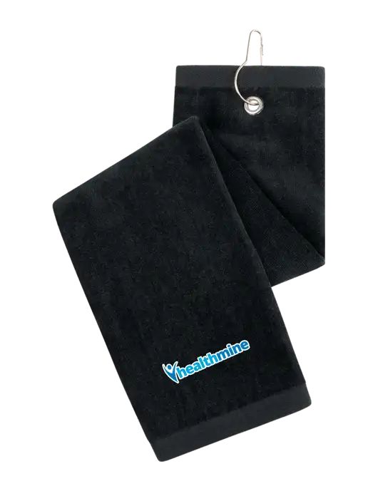 Black Tri-Fold Golf Towel with Grommet w/Healthmine Logo