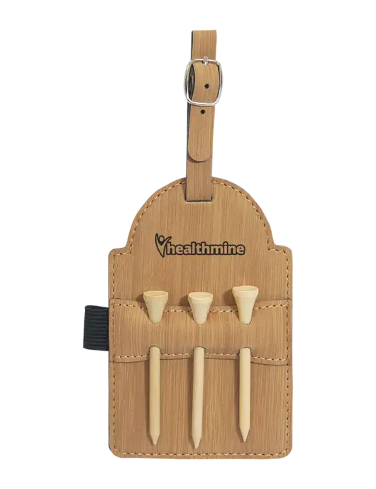 Bamboo Leatherette Golf Bag Tag with 3 Wooden Tees w/Healthmine Logo