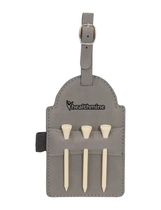 Grey Leatherette Golf Bag Tag with 3 Wooden Tees w/Healthmine Logo