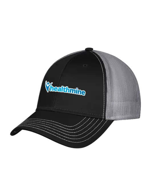 Black/Medium Dark Grey Mesh Trucker Cap Snap Back w/Healthmine Logo