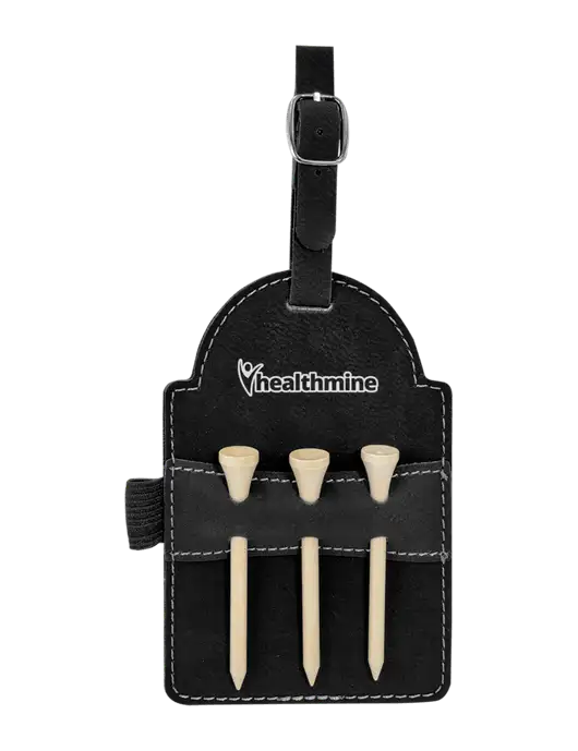 Black Leatherette Golf Bag Tag with 3 Wooden Tees w/Healthmine Logo