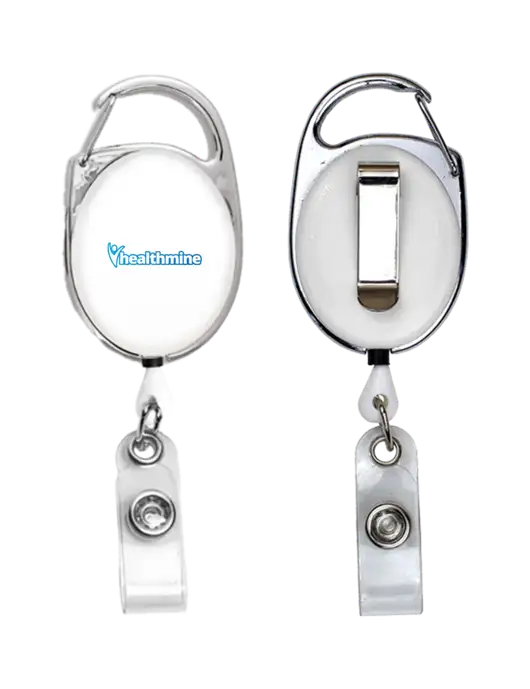 White Carabiner Style Badge Reel and Badge Holder w/Healthmine Logo
