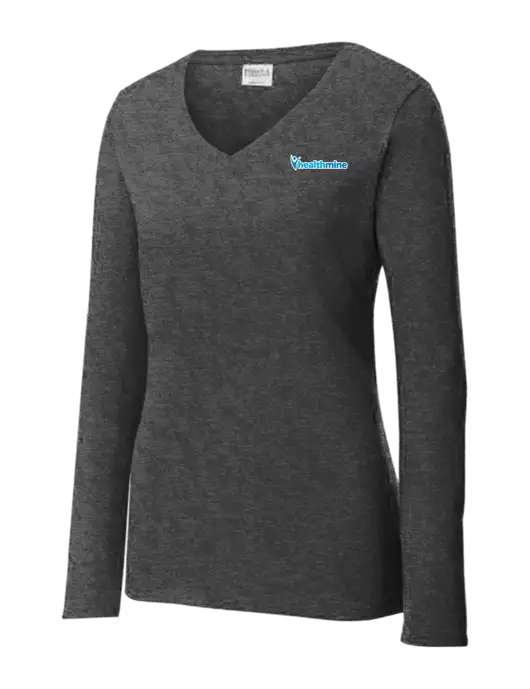 Womens  V-Neck Ring Spun Dark Heather Grey 4.5 oz Long Sleeve T-Shirt w/Healthmine Logo