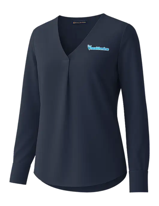 Brooks Brothers Womens Dark Navy Open-Neck Satin Blouse  w/Healthmine Logo