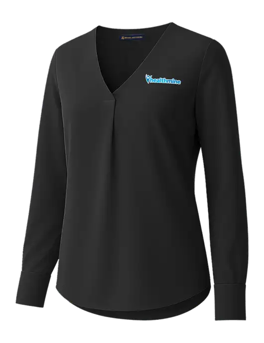 Brooks Brothers Womens Black Open-Neck Satin Blouse  w/Healthmine Logo
