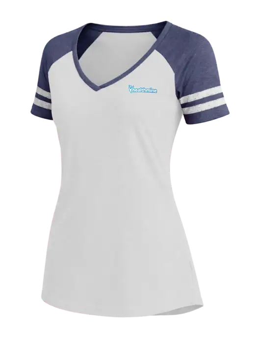 Womens White/Navy Heather V-Neck Game Tee w/Healthmine Logo