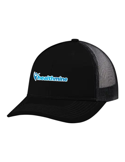 Snapback Ponytail Trucker Cap Black w/Black Mesh w/Healthmine Logo
