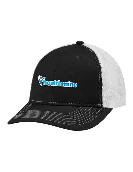Snapback Ponytail Trucker Cap Black w/White Mesh w/Healthmine Logo
