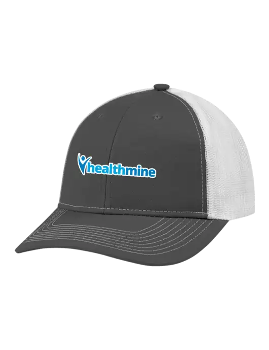 Snapback Ponytail Trucker Cap Dark Grey w/White Mesh w/Healthmine Logo