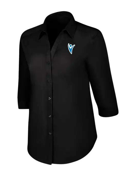 Womens Black 3/4 Sleeve Carefree Poplin Shirt w/Healthmine Icon Logo
