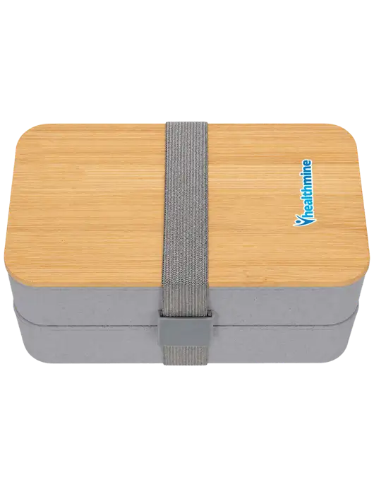 Double Decker Light Medium Grey Lunch Box w/Eco-Friendly FSC Bamboo Lid & Reusable Utensils w/Healthmine Logo