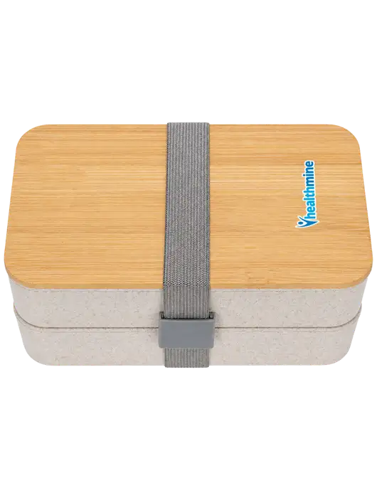 Double Decker Natural Ivory Lunch Box w/Eco-Friendly FSC Bamboo Lid & Reusable Utensils w/Healthmine Logo